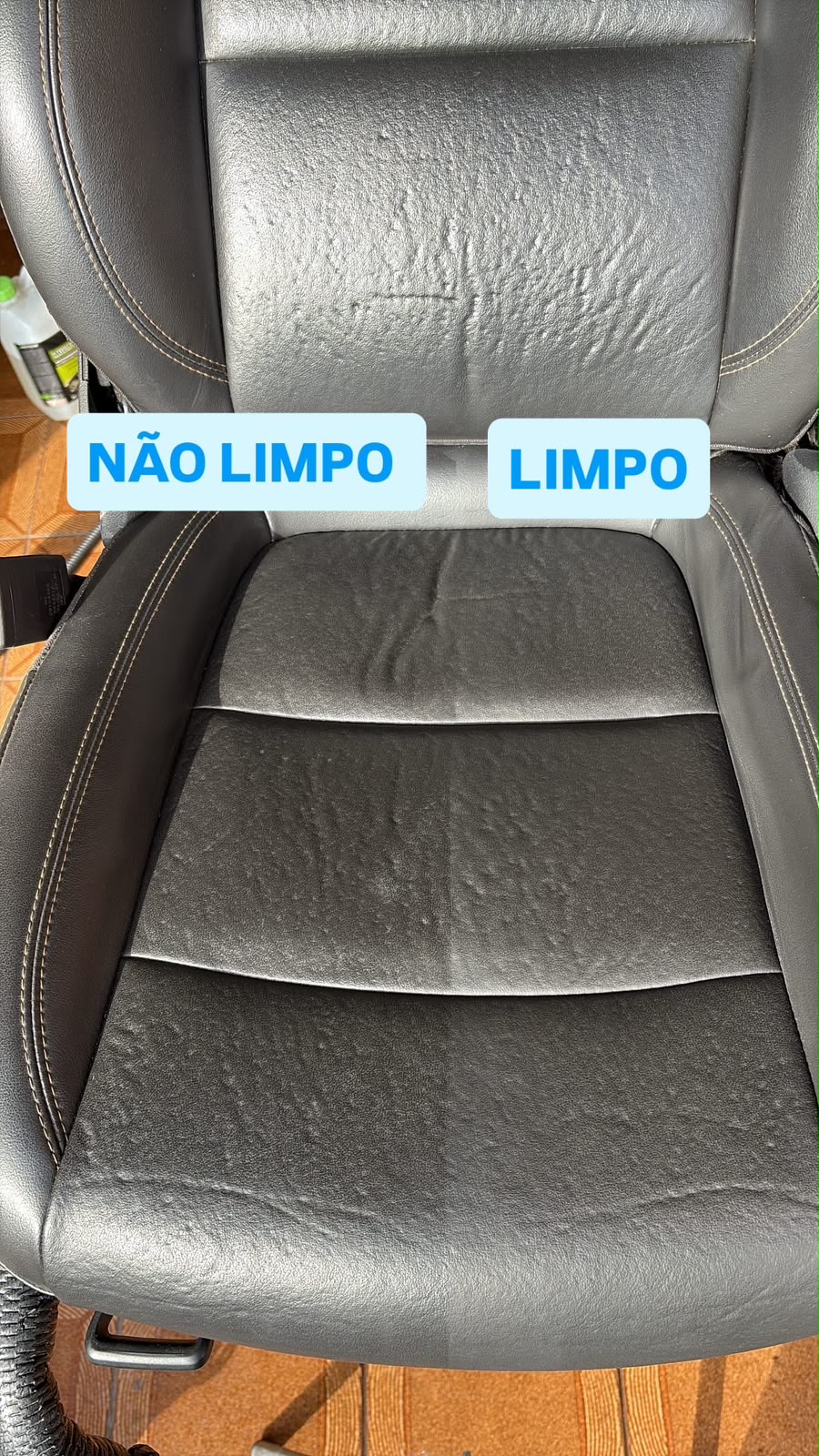 Banco de couro antes e depois da higienização interna — antes ressecado, depois limpo e hidratado